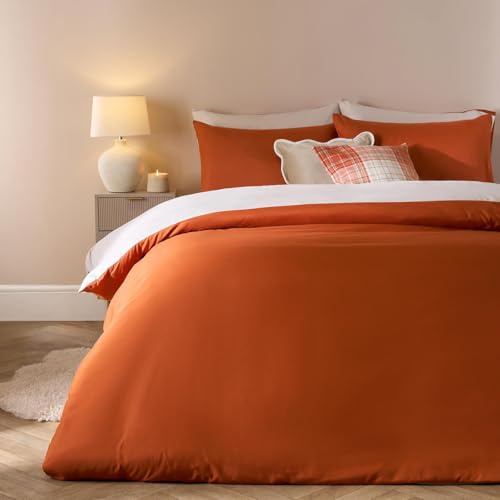 Brentfords Double Bedding Quilt Cover Set Reversible, Super Soft Cosy Warm Microfibre Polyester Double Duvet Set Modern Comfy Bedding with Matching Pillowcases, Rust/Stone
