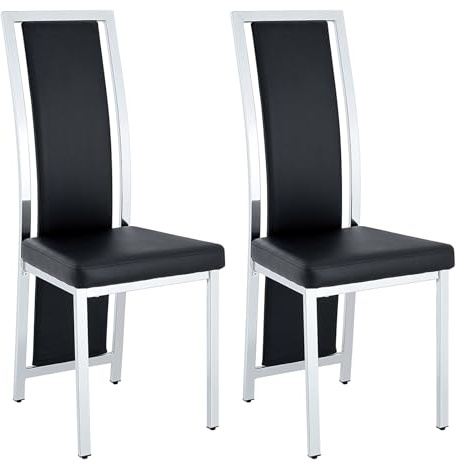 SEEDWAVE Esszimmerstühle 2er Set, Küchenstuhl mit gebogener hoher Rückenlehne, PU-Leder Sitzfläche, Metallrahmen, Metallstuhlbeine und verstellbaren Fußgleitern (2, Schwarz/silbernen Beinen)