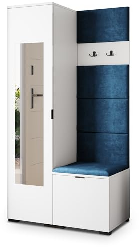 Masseno Flugarderoben Set VIRA, Kleiderschrank-Set mit Spiegel und Sitzbank, Garderobenschrank Flur mit 3 Regalböden, Weiß