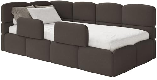 Selsey Jugendbett 120x200cm Braun Chenille Stoff mit Stauraum und Lattenrost, Polsterbett mit Bettkasten, Kinderbett mit 2 Schutzbarrieren, Jugendbett linksseitig mit gepolstertem Eckkopfteil