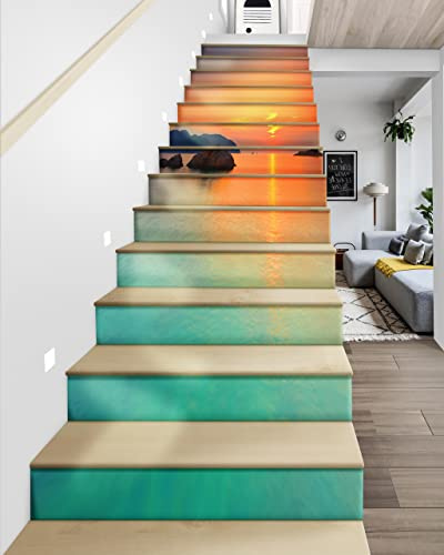 FLFK 13Pcs Sunrise Seascape Stair Risers Sticker Peel and Sick 39.37x7.08,Self-Adhesive Staircase Stickers Decals Mural Wallpaper for Home Decor