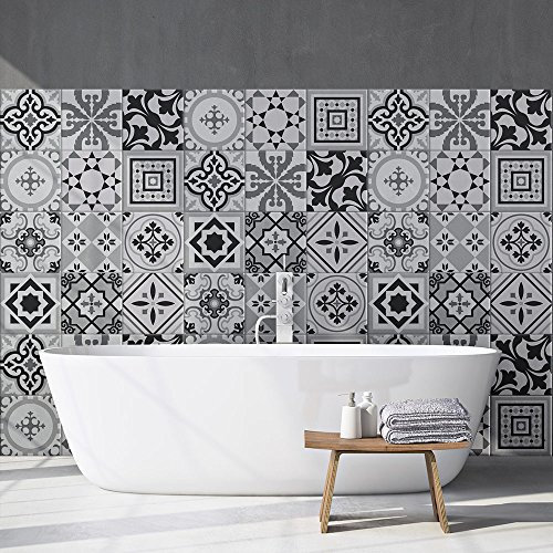 RE-COVERTILES - Autocollants Carrelage Salle de Bain et Cuisine 24 Pcs 10x10 cm - PS00096 Décoration murale en carrelage mosaïque PVC imperméable style carreaux de ciment Azulejos