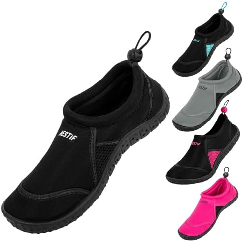 BESTIF Chaussures de bain pour homme et femme | Chaussures de natation en néoprène avec cordon de serrage | Légères et confortables | Noir, Bleu Tailles 36-45, Noir , 44 EU