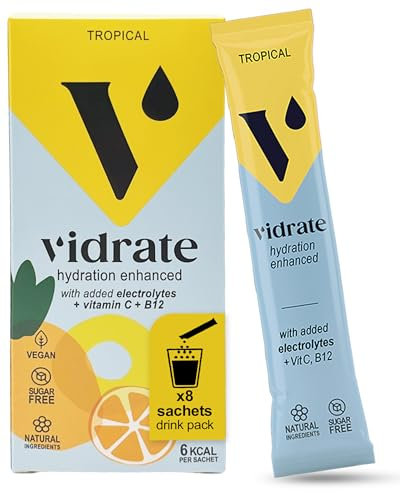 Electrolytes Powder - Hydration Sachets Packed with Vitamins - Zero Sugar Rehydration Sachet with No Artificial Sweeteners & Preservatives by ViDrate - Tropical Small Pack, 8 Electrolytes Sachets