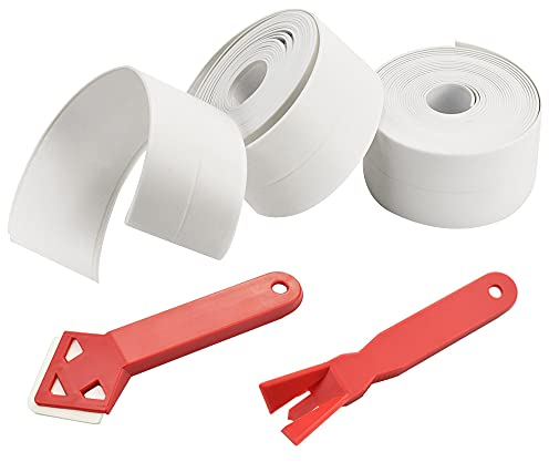 VCRANONR 4-teiliges Set Sealer Dichtungsstreifen PVC Selbstklebend Flexibles Dichtband Weiß Fugendichtungsband Bad 3,2 M x 3,8 CM Dichtungsband Wasserdicht 2 * Dichtungswerkzeug Dichtungsstreifen