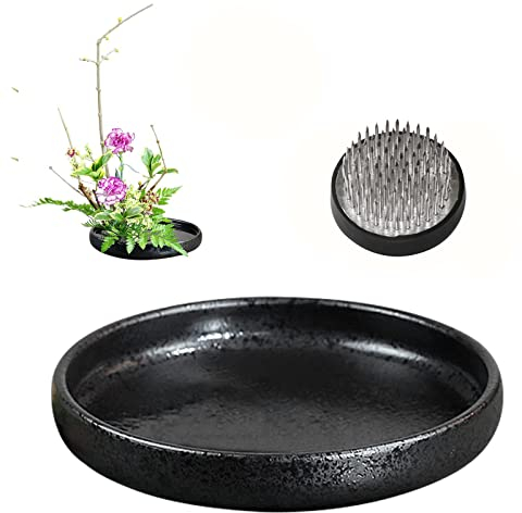 WANDIC Blumenarrangement-Zubehör, Flache, runde Keramik, Ikebana-Blumenvase mit 6 cm Kenzan-Blumenfrosch für Blumenarrangement, Heimdekoration, schwarz gepunktet (L)