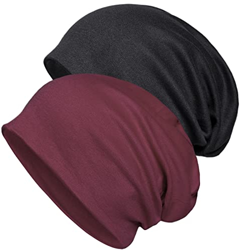 Senker Fashion Slouchy Beanie-Mütze aus Baumwolle, Chemo-Kopfbedeckung für Damen und Herren, weich, leicht, Chemo-Totenkopfmütze, elastische Schlafmütze, Schwarz Rot, Large