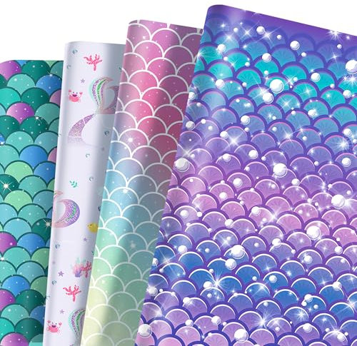 Adirasenotek Geschenkpapier gefaltet für Mädchen, Geschenkpapier, Meerjungfrauen-Geschenkpapier, 4 Stile, Geschenkpapier für Kinder, Urlaub, Geburtstag, Geschenkpapier, 12 Bögen, 50,8 x 68,9 cm