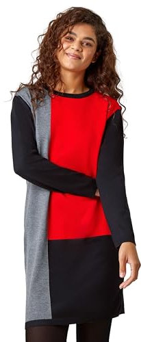 Roman Originals Knitted Jumper Dress for Women UK - Ladies Colour Block Winter Autumn Smart Casual Office Bodycon Workwear Everyday Long Sleeve Knee Length Knit Pocket - Red Grey - Size 18