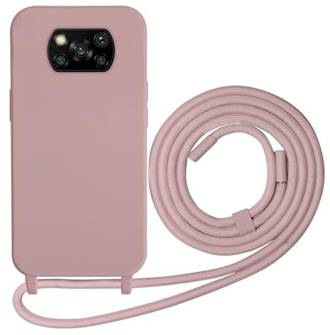Beajew Funda para Xiaomi Poco X3 NFC/Poco X3/Poco X3 Pro con Cuerda, Silicona Líquida Carcasa con Cordón Correa Colgante Ajustable Collar Correa Teléfono Case Cover, Rosa de Arena