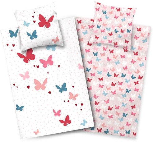 Aminata kids Bettwäsche 135x200 Schmetterlinge Mädchen 100% Baumwolle Schmetterling YKK Reißverschluss Kinder-Wende-Bettwäsche-Set weiß rosa