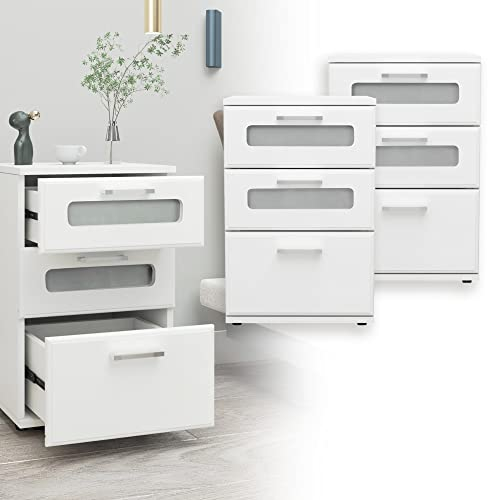 ML-Design Nachttisch 2er Set, Nachtkommode mit 3 Schubladen, oberste mit Glaseinsatz, Weiß, 40x60x38 cm, aus Holz, Boxspringbett Nachtschrank Nachtkonsole Kommode, für Bett, Schlafzimmer oder Büro
