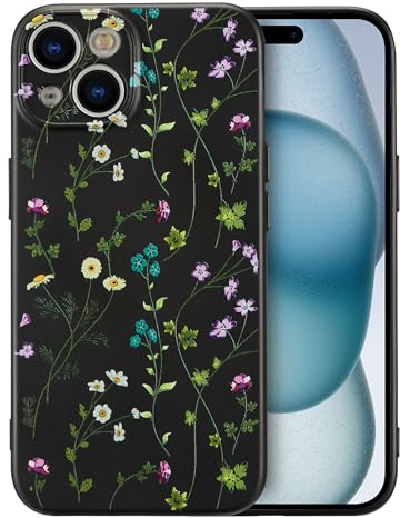 RALEAVO Flower Case for iPhone 15, Liquid Silicone Shockproof Protection Case Cover for Girls Women with Aesthetic Cute Floral Patterns Soft Slim Phone Case for iPhone 15 6.1-Black