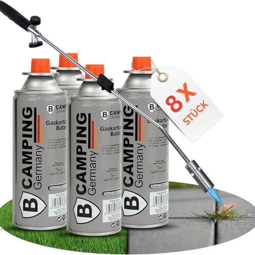 STAHLMANN®Unkrautvernichter inkl. Gaskartuschen - stabiler Unkrautbrenner mit Piezozündung stufenlos regulierbar – Unkrautentferner Gerät mit ergonomischen Griff (8 Kartuschen)