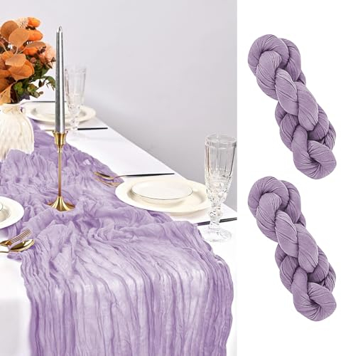 YAOYIN Tischläufer Lila, 2 Stück Mode Romantische Boho Käsetuch Tischläufer Lila, Rustikaler Gaze Stoff Cheesecloth Musselin Tischläufer, Für Deko Hochzeit, Geburtstag Party(90x300cm)