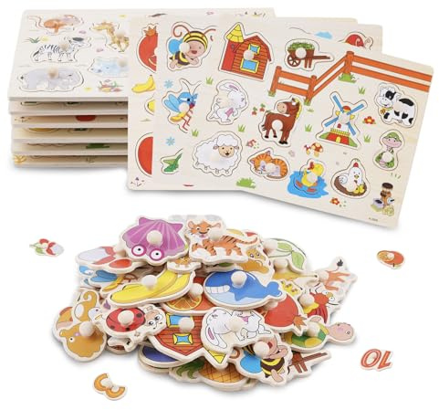 6-teiliges Montessori-Puzzle Set für Kleinkinder mit Handgriffen, Indoor | Pädagogisches Lernspielzeug für frühe Entwicklung und Feinmotorik, Glatt und gratfrei