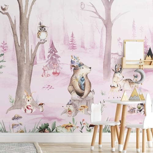 Rosa Mädchenzimmer Fototapete Kinder Märchenwald Boho Waldtiere Baby Mädchen Schlafzimmertapete