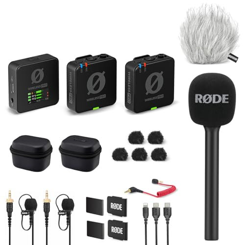 Rode Wireless Pro - Set microfono con adattatore manuale Interview GO e protezione antivento Keepdrum