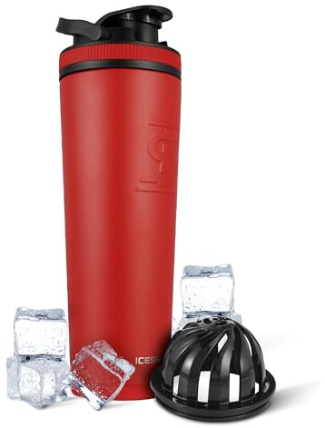Ice Shaker Insulated Stainless Steel Shaker Bottle | 32 oz, Red | Cold for 30+ Hours | Insulated Tumbler with Rotating Shaker | Odor Free Bottle for Protein Shakes, Water