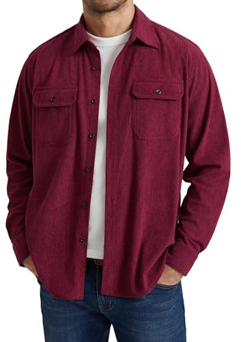 Enlision Chemise Homme Velours Côtelé Manches Longues Surchemise Boutonnée Casual Veste Légère avec Poches à Rabat Style Workwear Vintage Bordeaux L