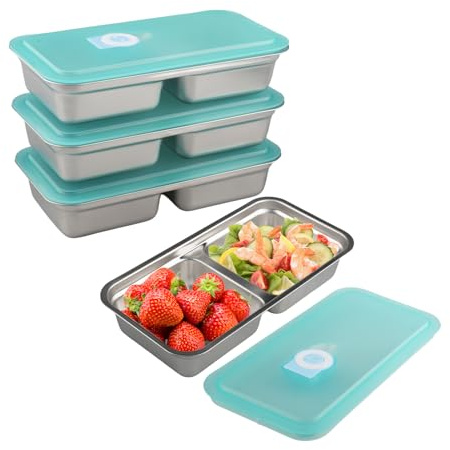WakiHong 4 Pcs 2 Compartments Stainless Steel Bento Box with Leakproof Lids