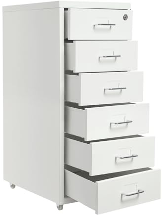 Rollcontainer, Aktenschrank mit 6 Schubladen, Büroschrank mit Rollen, Metall Schreibtisch Unterschrank für Büro, Arbeitszimmer, Weiß