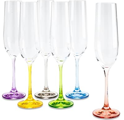 6 Flûtes à Champagne en Cristal de Couleur - Service Color 19 cl - 6 Couleurs Pastel Assorties - Maison Klein - Artisan du Cristal - Estampillé : Klein 54120 Baccarat France