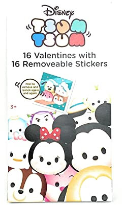 Disney Tsum Tsum 16 Valentines with 16 Removable Stickers(ok to Peel to Remove and restick Again and Again)
