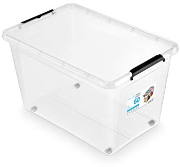 ORPLAST 6 Stück- MOXOM Rollerbox 60 Liter mit Deckel/Clips/Rädern - 58 x 39 x 35 cm - transparent