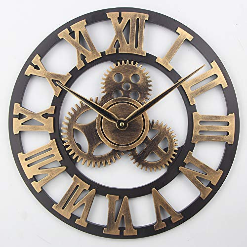 Timelike Stunning Silent Skeleton Indoor/Garden Large Wall Clock Roman Numeral Open Face Metal Clock Round Iron (Brown)