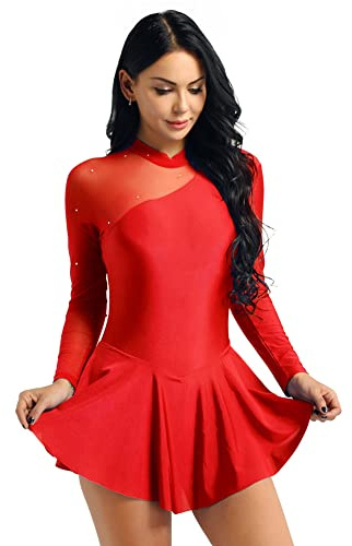 iEFiEL Damen Langarm Ballettkleid Eiskunstlauf Kleid mit Glitzer Kristallen Ballettkleidung Gymnastik Leotard Turnanzug Tanzkostüm Rot S