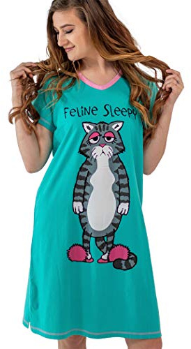 Lazy One VNS356 Women's Check Meowt! Green Sleep Shirt Nighty Short Sleeve Nightshirt