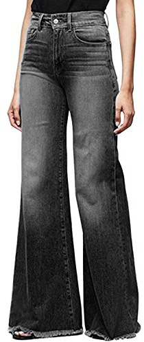 Women Wide Leg High Waisted Flared Jeans Retro Bootcut Raw Hem Denim Pants(UK 16/Tag 2XL)