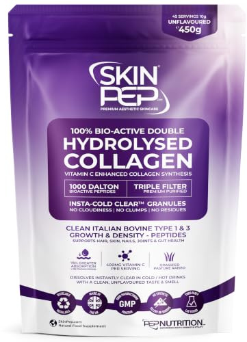 Collagen Peptides Powder Bioactive 1000 Dalton - SkinPep (450g) | 100% Pure Grass Fed Bovine | Halal Certified, UK Made | Double Hydrolysed + Vitamin C | Unflavoured Supplement for Women & Men