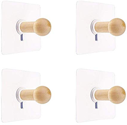 Mirrwin Patères Murales Naturel Mini Crochet Auto-Adhésif Patère en Bois pour Peignoir Chapeau Vêtements Support Mural Crochet Cintre Porte-Serviettes Chambre Décoration Bois Crochet Polyvalent 4 PCS