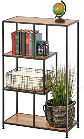 mDesign Bücherregal mit vier Ebenen – kleines Buch Regal aus Metall und Holz – modernes Raumteiler Regal im Industriedesign für Bücher, Dekorationen und mehr – schwarz