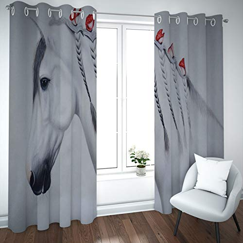 BATOHOME Küchengardine Zweiteilig, Deko Vorhang Für Hausbetten Pferd und Blumen Leinen Vorhang Kurz, Kräuselband Gardinen Vorhang (2PCS x H54 x B96)