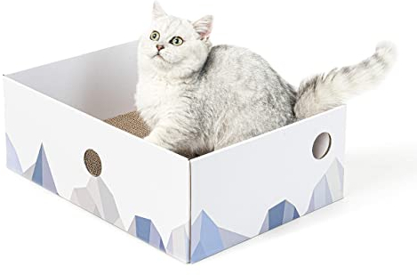 Conlun Rascador para Gatos con Caja, Rascador Gato Grande y Resistente, Doble Cara, Agujeros Interactivos, Zona de Descanso Antisuciedad para Interior (1 Unidad, Grande, Blanco)