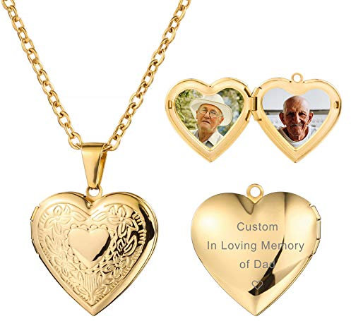 MeMeDIY Collier Médaillon Coeur Personnalisé Contient Une Texte de Gravure d'image Commémorative Photo pour Femmes Fille Maman Grand-Mère Pendentif d'amour en Acier Inoxydable(Couleur Or)