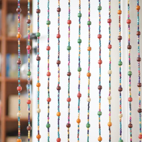 36inch x 72inch Haymaro Rainbow Colorful Hippie Boho-Bohemian Natural Wooden Door Beaded Curtain Doorway Beads Bamboo-Like Window Front Door Decor Curtains Home Decor Gift Set, Multi-color