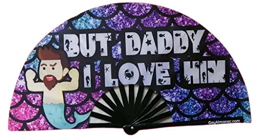 PandaTak Gay Pride Folding Hand Fans, Funny Large 13 Bamboo Fan with UV Reactive Ink, for LGBTQ Circuit Parties EDM Festivals and Raves (But Daddy I Love Him)