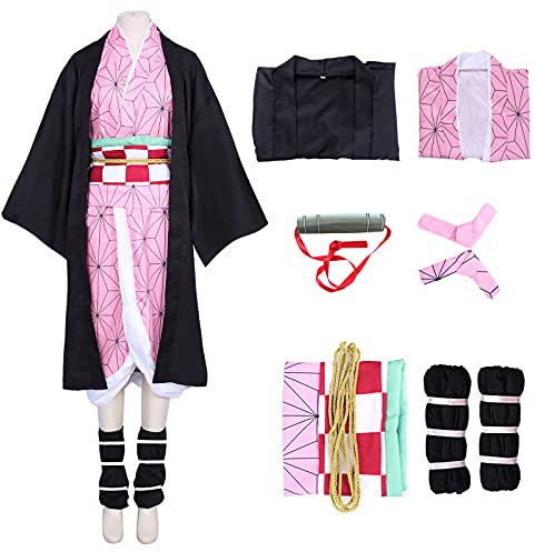 Alaiyaky Nezuko Cosplay Demon Slayer Kostüm Set Anime Outfit mit Umhang Gürtel und Ohrringen für Erwachsene und Kinder Halloween Party Comic Show Kleidung (Large, Cosplay2)