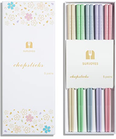 SUPJOYES 5 Paar Fiberglas Essstäbchen, Buntes Wiederverwendbare Japanische Essstäbchen, Essstäbchen Spülmaschinenfest, 24 cm, Kirschblüte Mustern, rutschfeste Stäbchen