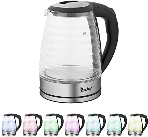 Gappys Electric Glass Kettle - 1.8L Cordless Fast-boiling Water Heater w/ Auto Shut-off & Boil-dry Protection - Removable Tea Infuser Included - Multicolor Light, Black (HD-1861-A)