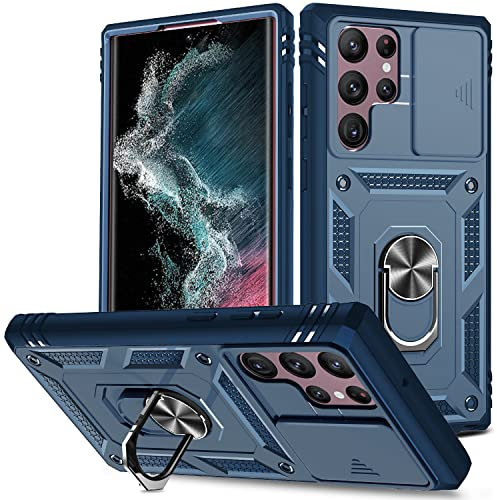 DAWEIXEAU Coque Galaxy S22 Ultra,Antichoc Support Protection Housse avec Lentille Coulissante Couverture Étui pour Samsung Galaxy S22 Ultra (Bleu)