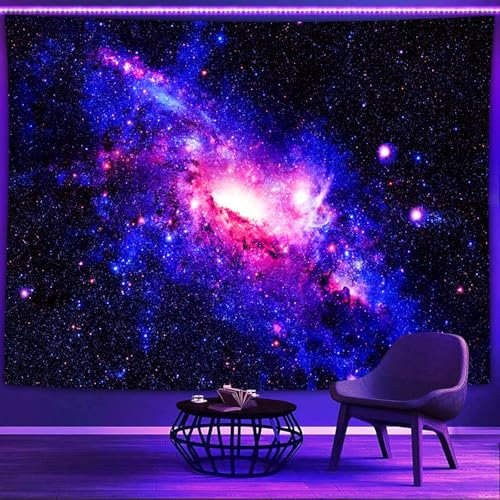 Psyhilar Wandteppich mit Schwarzlicht, Galaxie, Wandbehang, Schwarz, Hellblau, Sternenhimmel, UV-reaktiv, Trippy-Nebel, Sterne, violett, Universum, Wohnzimmer, Schlafsaal (200 cm Bx150 cm H)
