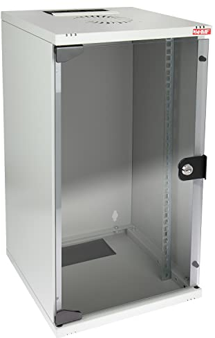 HMF 63412-07 Netzwerkschrank, Serverschrank 10 Zoll | 12 HE | 300 mm Tiefe | Voll montiert | Glastür | Lichtgrau