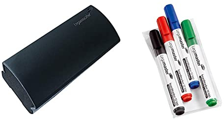 Legamaster 7-120500 Whiteboard-Löscher TZ 4 zur schnellen und trockenen Tafelreinigung, anthrazit & 7-110594 Boardmarker TZ 100, 4er Set, je 1 Marker in schwarz, rot, blau und grün