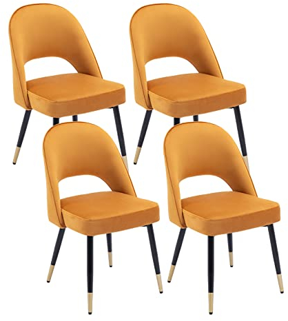 chairus 4er Set Esszimmerstühlen aus Samt für Küche Wohnzimmer Modern Armloser Bürostuhl Polsterstuhl Seitenstühle Hohler Rückenmit Metallbeinen (Gelb-4)