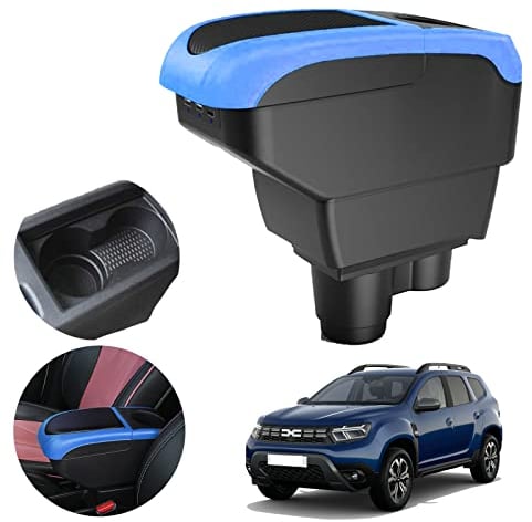 GAFAT Dacia Duster 2 Facelift 2018-2023 2024 Armlehnen, Dacia Duster 2023 Mittelkonsole Armlehnenbox Mittelarmlehne Aufbewahrungsbox, mit Ablagefach und Becherhalter (Blau)